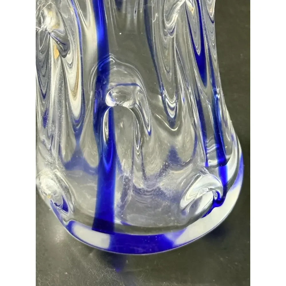 Heavy Art Glass Vase with Cobalt Blue Stripe – 10” Tall